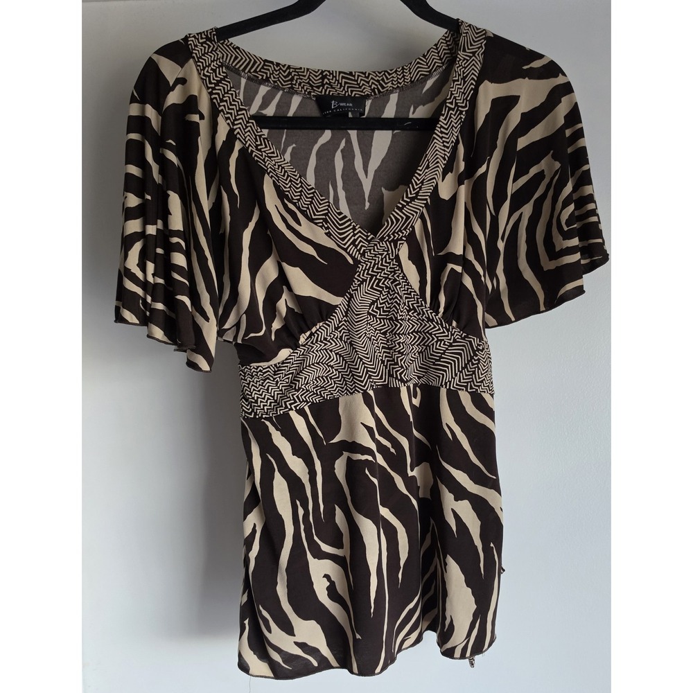 B-Wear Women Animal Print V-Neck Short Sleeve Blouse Brown Beige Top Retro